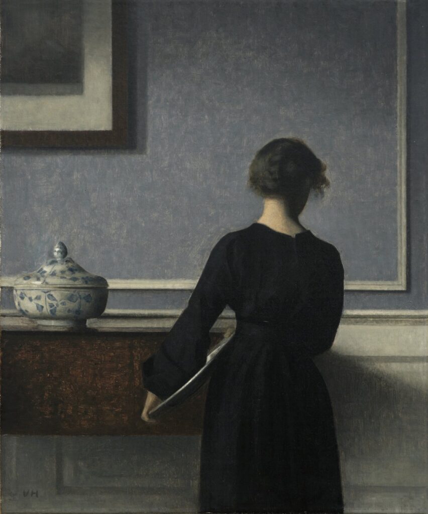 Vilhelm Hammershøi.Belső, nő hátulról nézve, 1904 körül. Randers Kunstmuseum, Randers