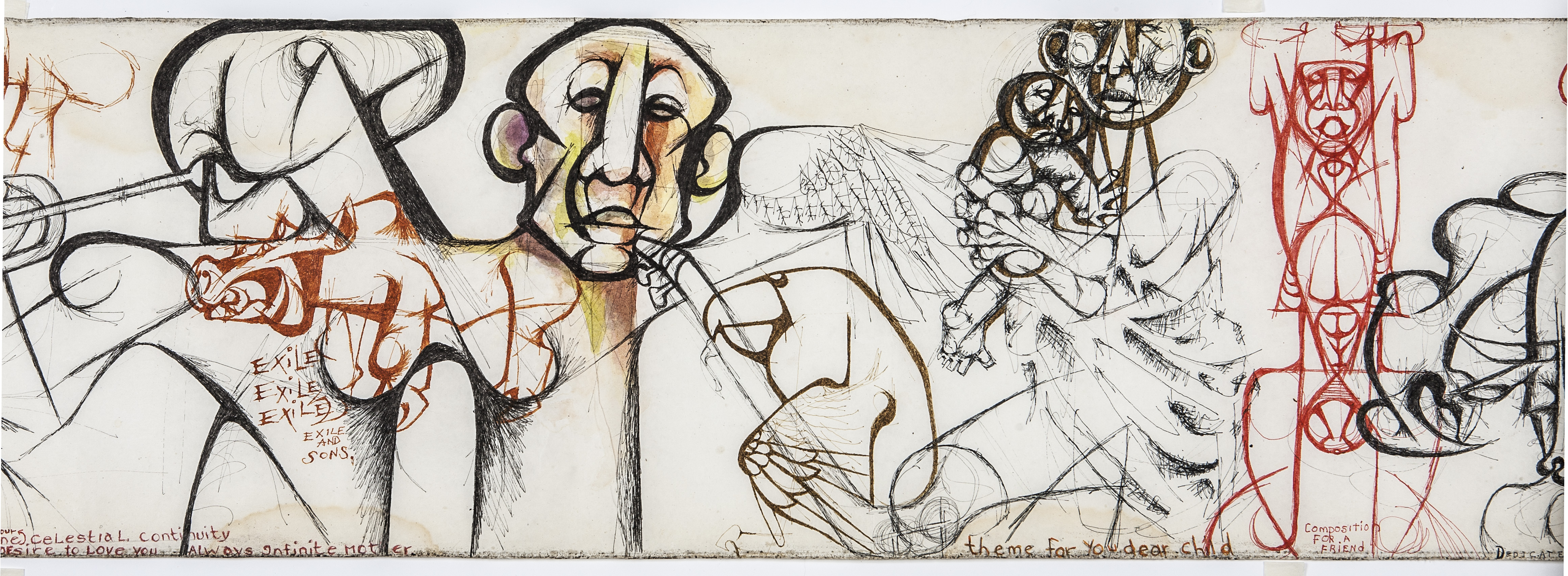 Dumile Feni: Nem ismernéd Istent, ha a szemedbe köpné, 1975, részlet. Tinta, ceruza, zsírkréta, műanyag laminált, 26 × 5300 cm. Wits Art Museum Collection, Johannesburg. ©Estate Dumile Feni és Dumile Feni Family Trust