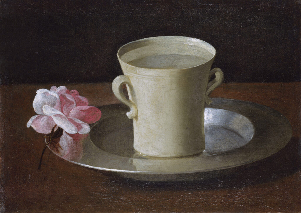 Zurbaran. Pohár víz és rózsa egy ezüsttálcán, 1630 körül. National Gallery, London
