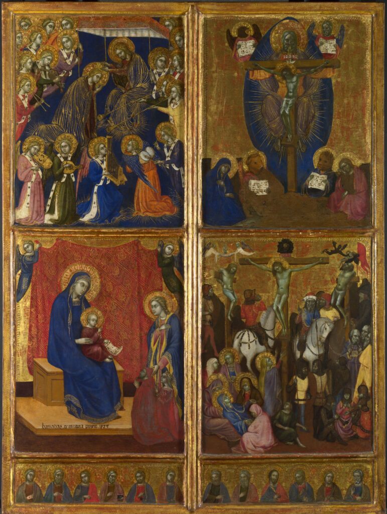 Barnaba da Modena. A Szűz koronázása; A Szűz a Gyermekkel; A Szentháromság; A keresztre feszítés és a tizenkét apostol, 1374. National Gallery, London