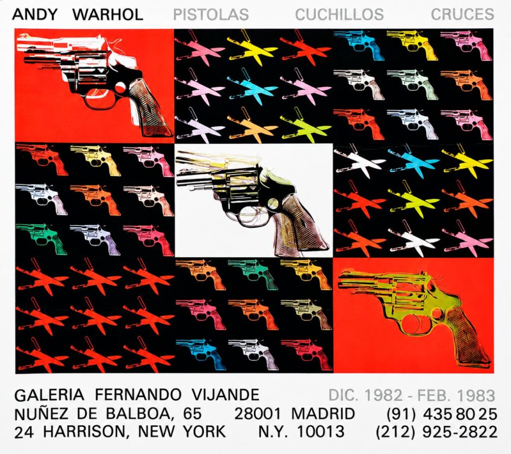 Kiállítás plakátja "Andy Warhol. Fegyverek, kések, keresztek"amelyet a Fernando Vijande Galériában tartottak. Madrid, 1982. december